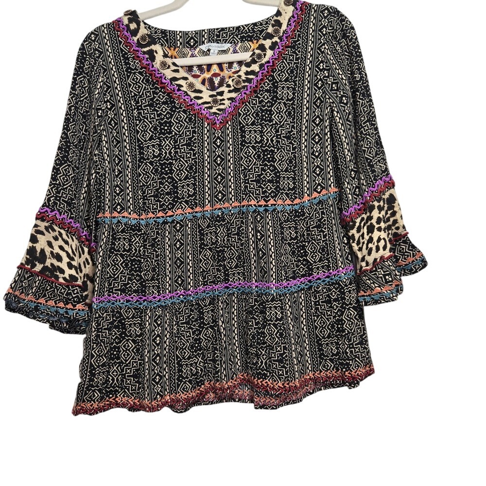 JOHN MARK Boho Embroidered Top Leopard Print Bell Sleeve V Neck Tribal Pattern S